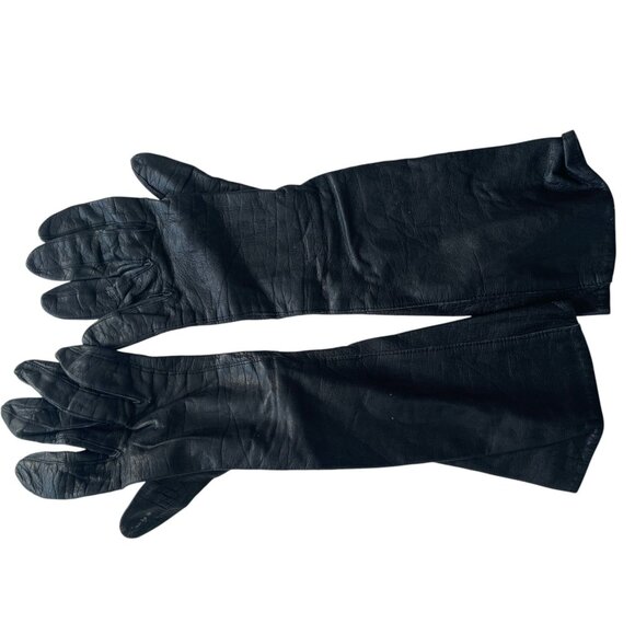 American Vintage Accessories - Vintage Black Leather Opera Gloves 12" Long With Minor Wear